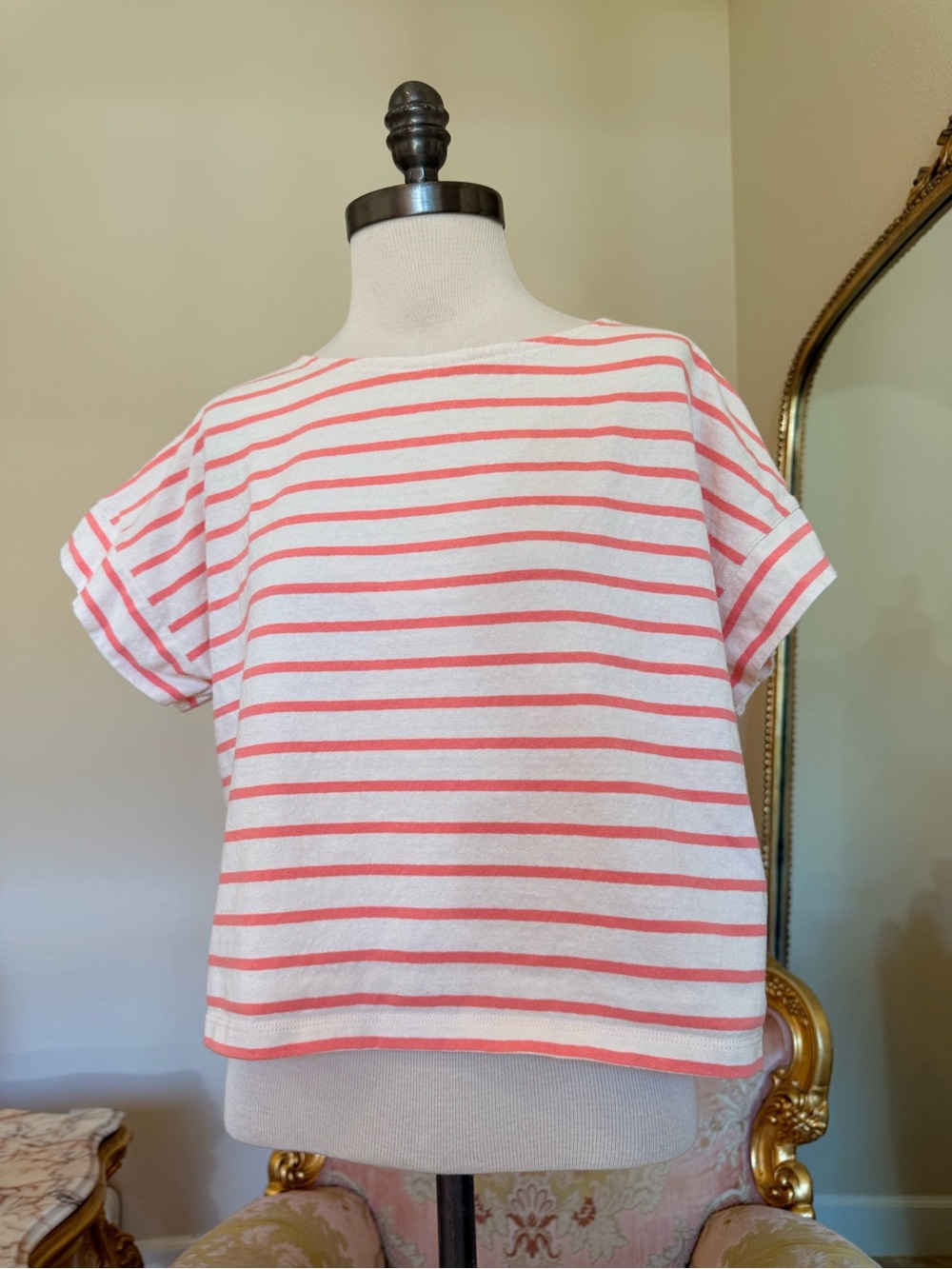 Madewell Cream Tee with Coral Stripes